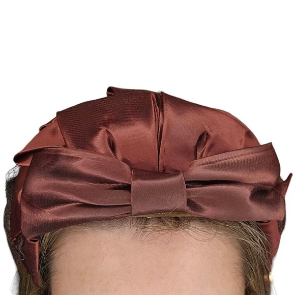 1950s Small Hat Brown Fur Fabric Bow Netting Rust Orange Organza Housewife - Picture 2 of 11